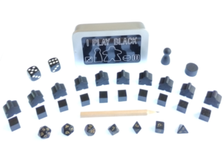 The Ultimate Board Game Survival Kit - A small tin with board game components in black, 10 x meeples, 10 x cubes, 2 x D6 dice, 1 x pawn, 1 x cylinder, 1 x pencil, 7 piece mini dice set