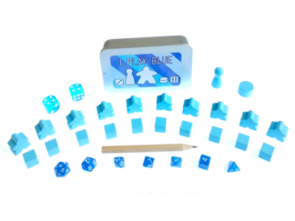 The Ultimate Board Game Survival Kit - A small tin with board game components in teal, 10 x meeples, 10 x cubes, 2 x D6 dice, 1 x pawn, 1 x cylinder, 1 x pencil, 7 piece mini dice set