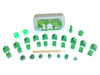 The Ultimate Board Game Survival Kit - A small tin with board game components in green, 10 x meeples, 10 x cubes, 2 x D6 dice, 1 x pawn, 1 x cylinder, 1 x pencil, 7 piece mini dice set