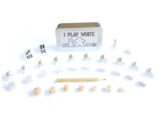 The Ultimate Board Game Survival Kit - A small tin with board game components in white, 10 x meeples, 10 x cubes, 2 x D6 dice, 1 x pawn, 1 x cylinder, 1 x pencil, 7 piece mini dice set