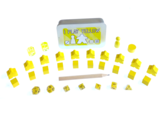 The Ultimate Board Game Survival Kit - A small tin with board game components in yellow, 10 x meeples, 10 x cubes, 2 x D6 dice, 1 x pawn, 1 x cylinder, 1 x pencil, 7 piece mini dice set