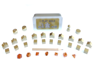 The Ultimate Board Game Survival Kit - A small tin with board game components in gold, 10 x meeples, 10 x cubes, 2 x D6 dice, 1 x pawn, 1 x cylinder, 1 x pencil, 7 piece mini dice set