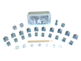 The Ultimate Board Game Survival Kit - A small tin with board game components in grey, 10 x meeples, 10 x cubes, 2 x D6 dice, 1 x pawn, 1 x cylinder, 1 x pencil, 7 piece mini dice set