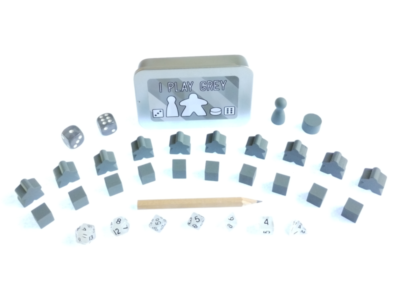 The Ultimate Board Game Survival Kit - A small tin with board game components in grey, 10 x meeples, 10 x cubes, 2 x D6 dice, 1 x pawn, 1 x cylinder, 1 x pencil, 7 piece mini dice set