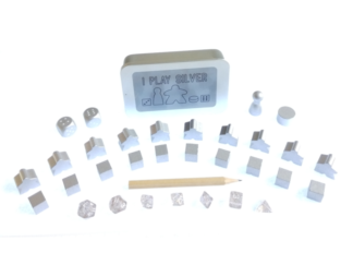 The Ultimate Board Game Survival Kit - A small tin with board game components in silver, 10 x meeples, 10 x cubes, 2 x D6 dice, 1 x pawn, 1 x cylinder, 1 x pencil, 7 piece mini dice set
