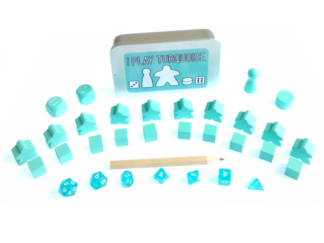 The Ultimate Board Game Survival Kit - A small tin with board game components in turquoise, 10 x meeples, 10 x cubes, 2 x D6 dice, 1 x pawn, 1 x cylinder, 1 x pencil, 7 piece mini dice set